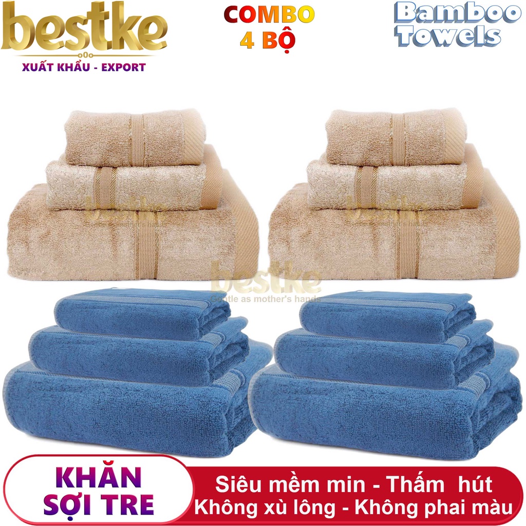 Khăn sợi tre, bamboo bestke xuất khẩu combo 4 bộ = 12 cái màu xanh và nâu khăn đẹp như mô tả