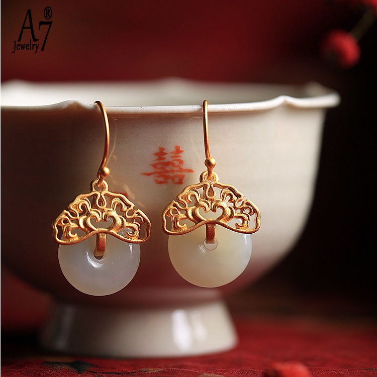 Bông Tai Bạc A7 Đính Đá Ngọc Bích Trắng Phong Cách Retro Trung Quốc