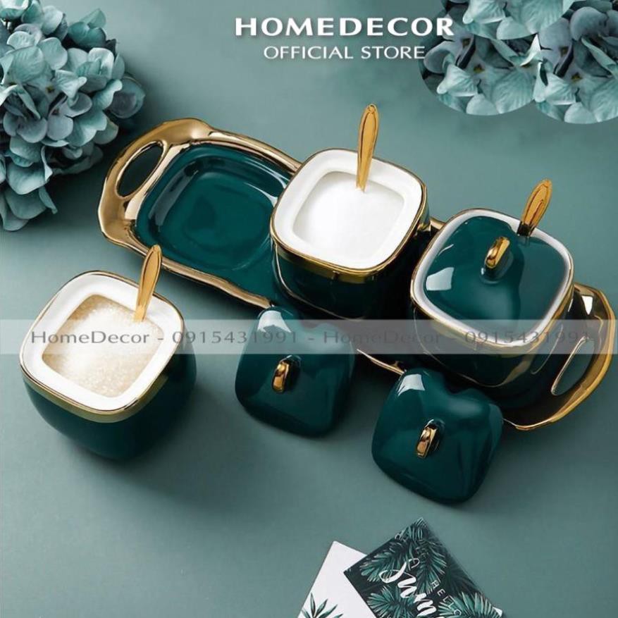 Bộ 3 Hũ đựng gia vị sứ xanh kèm khay và thìa | BigBuy360 - bigbuy360.vn
