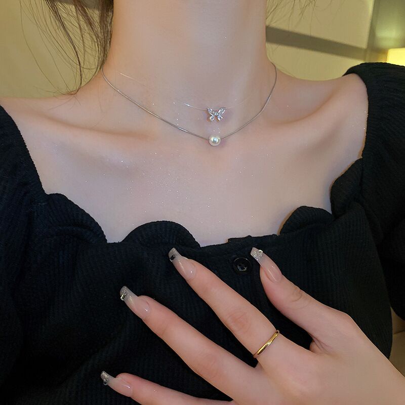 Vòng cổ Hai Lớp Thắt Nơ Đính Ngọc Trai Thời Trang Hàn Quốc