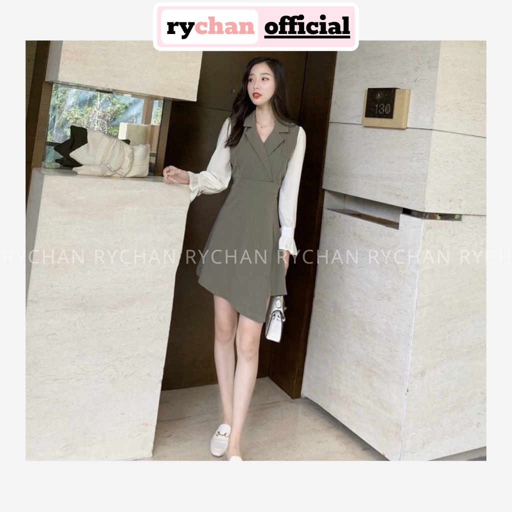 Đầm Xòe Rêu Cổ Vest Đắp Chéo Tà Lệch - DX661