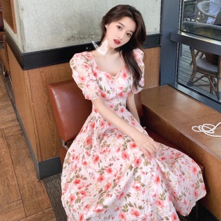 Váy maxi hoa dáng xoè tay bồng