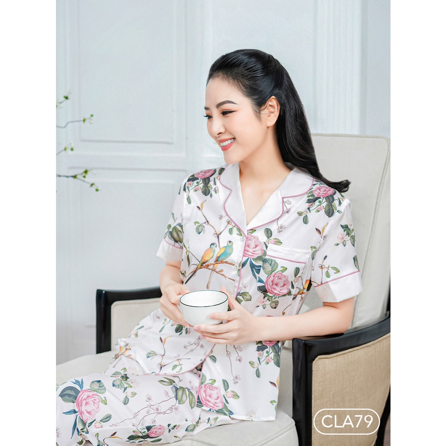 Bộ ngủ satin ZAM Luxury - CLA79 - áo ngắn tay quần dài hoạ tiết