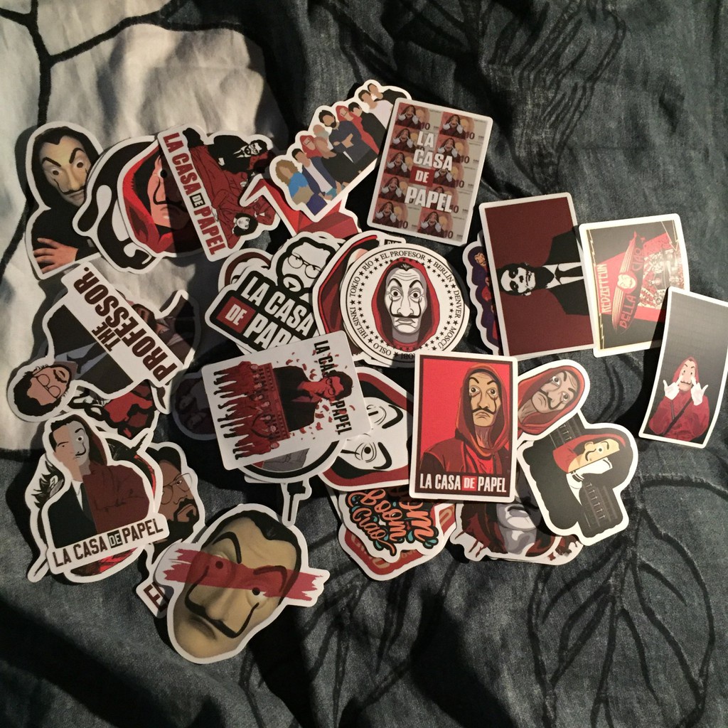 Set 50 / 25 / 10 Miếng Dán Trang Trí Chống Thấm Nước Hình Money Heist La Casa De Papel Diy