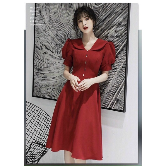 ĐẦM XOÈ CỔ SEN NÚT ĐÔI TAY PHỒNG