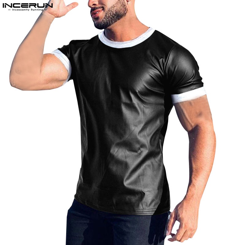 INCERUN Áo Thun Da Ngắn Tay Dáng Ôm Phối Màu Tương Phản Thời Trang Mùa Hè Cho Nam
