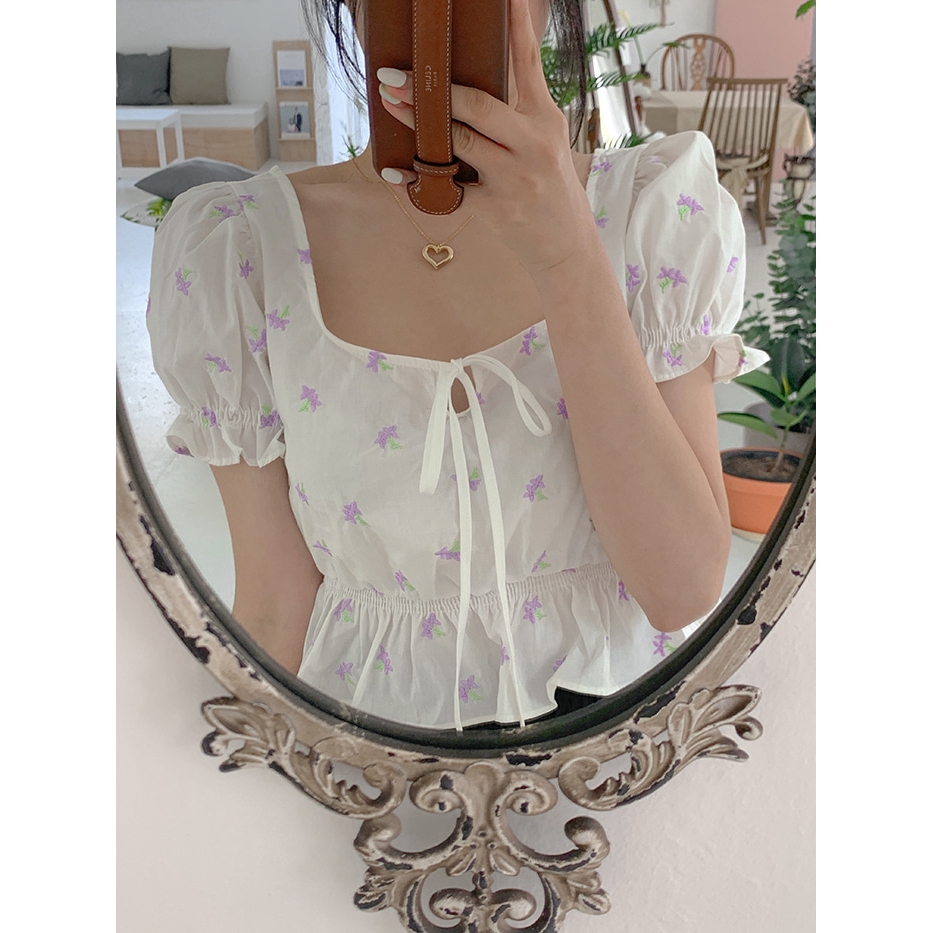 SUXI Áo Sơ Mi Tay Phồng Thêu Hoa Xinh Xắn Cho Nữ