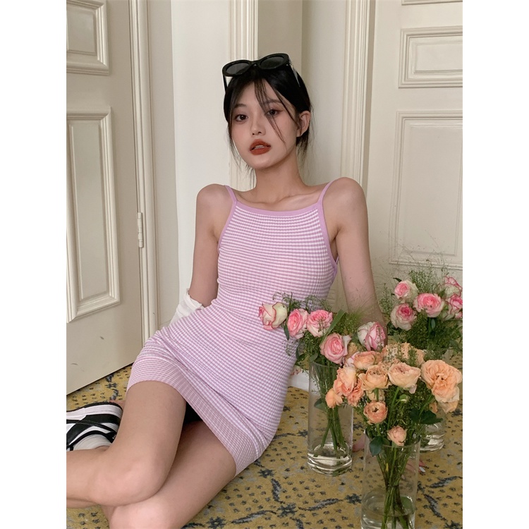 Đầm Hai Dây Hở Lưng Họa Tiết Kẻ Sọc Màu Sắc Tương Phản Phong Cách Hàn Quốc Thời Trang Dành Cho Nữ