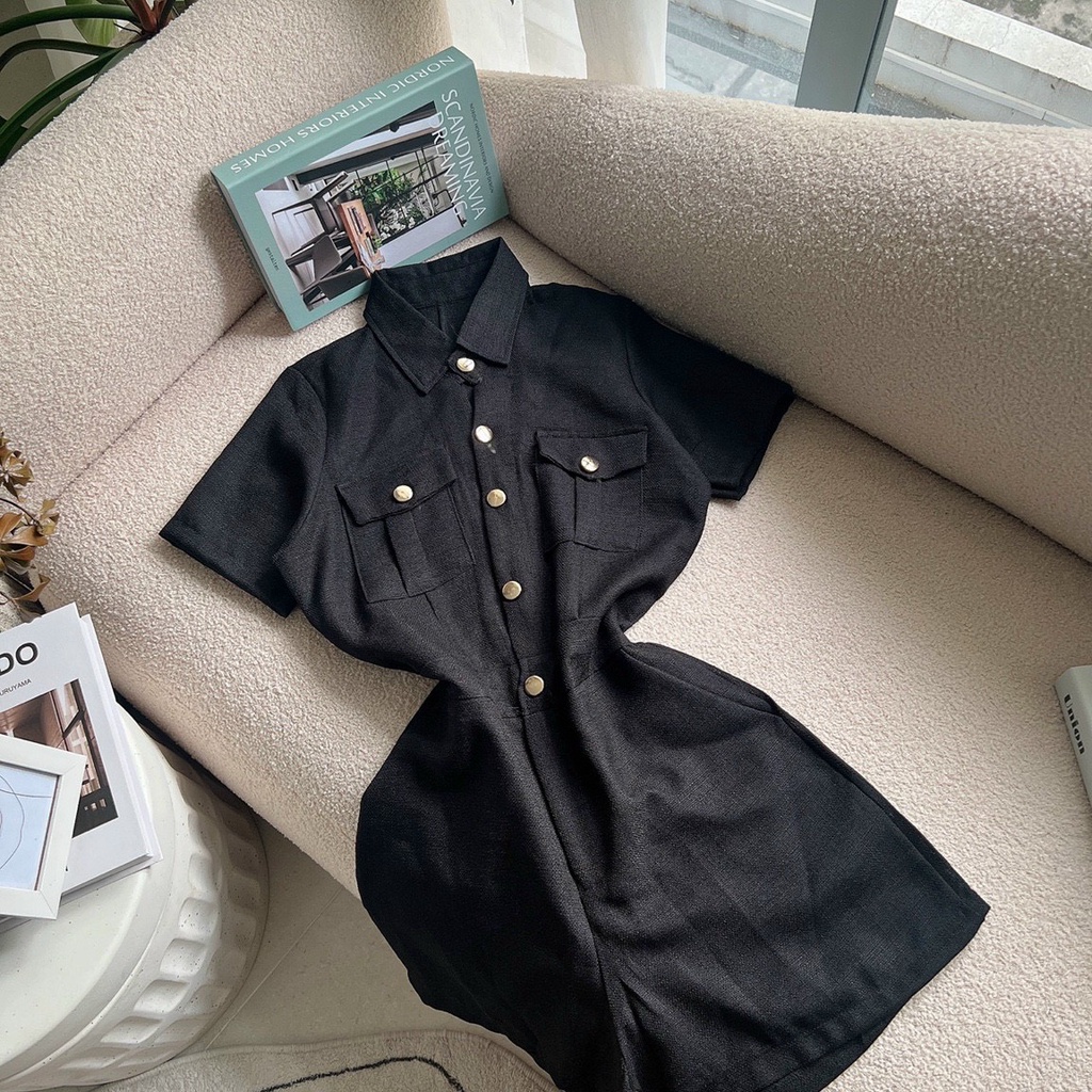 Jumpsuit nữ áo sơmi tay ngắn liền quần đùi 3M đen, trắng, xanh bơ NPSET033