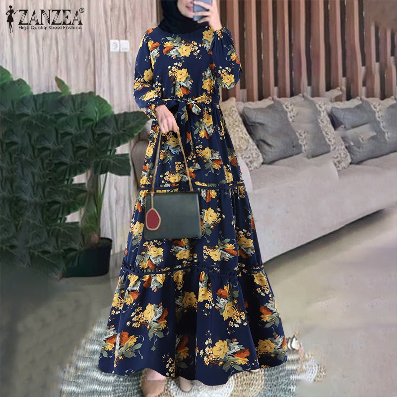 Đầm Hồi Giáo ZANZEA dáng dài cổ tròn dài tay xếp tầng in hoa phong cách vintage cho nữ