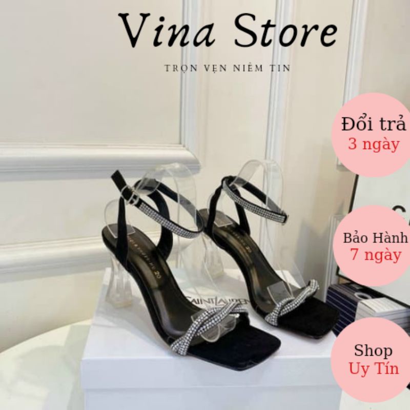 Giày Sandal Cao Gót 7P Trong Suốt Quai Chéo Đính Đá có 3 màu Vàng/ Bạc/ Đen cao cấp hottrend 2021- mã AB01
