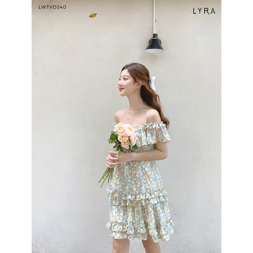 Váy hoa nhí nữ ngang vai kẹp bèo thiết kế by LYRA, chất liệu voan phong cách vintage dáng xòe ngọt ngào-LWTVD340