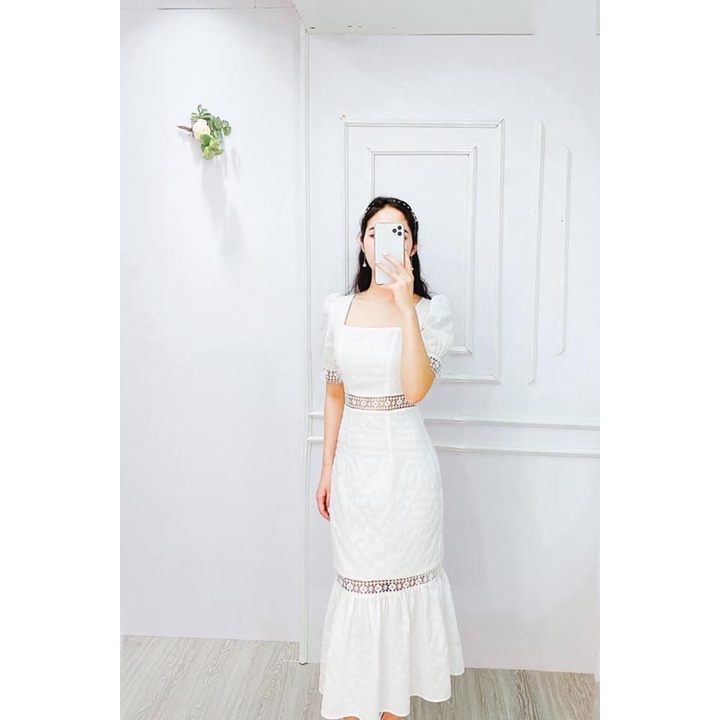 Đầm maxi công chúa dự tiệc trắng phối ren đuôi cá xinh đẹp cá tính XUKA DRESS chất đũi siêu đẹp.