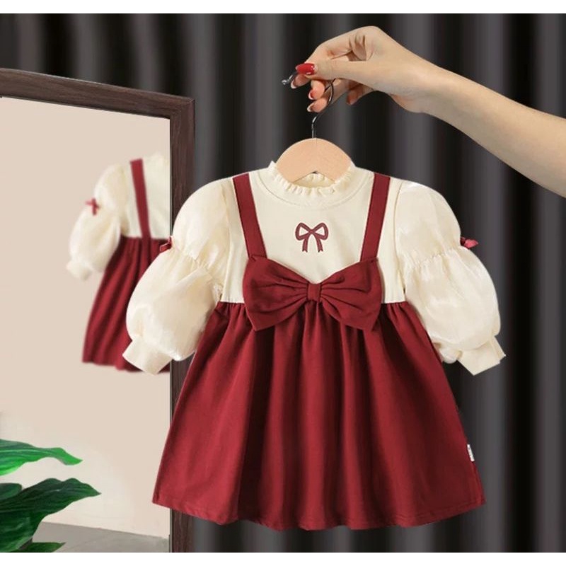 Set Áo Tay Bồng Kèm Váy Nhung Nơ Xinh Bé Gái Chất đẹp