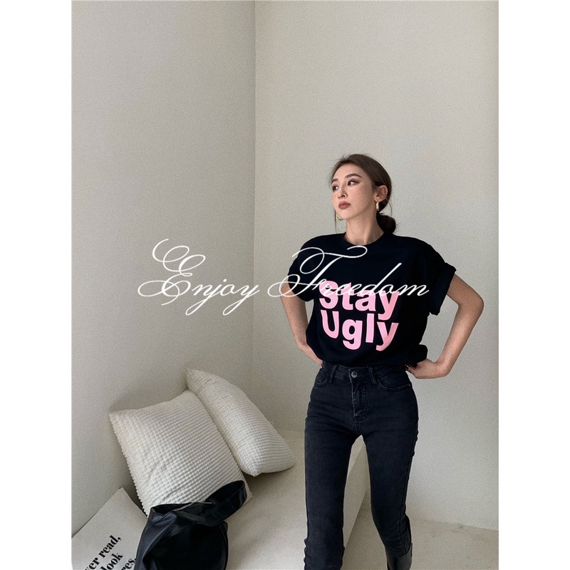 Enjoy Freedom Áo Thun Tay Ngắn Dáng Rộng In Chữ Phong Cách Hàn Quốc Cá Tính Cho Nữ
