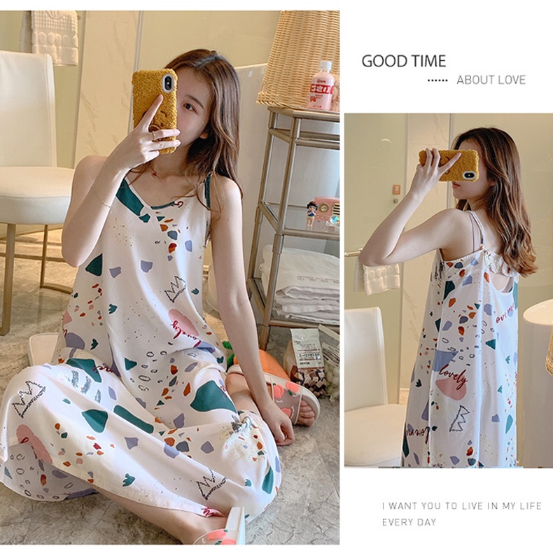 Váy ngủ hai dây nữ cổ V freesize, đầm bầu đẹp chất lanh lụa cotton nhẹ mềm mát