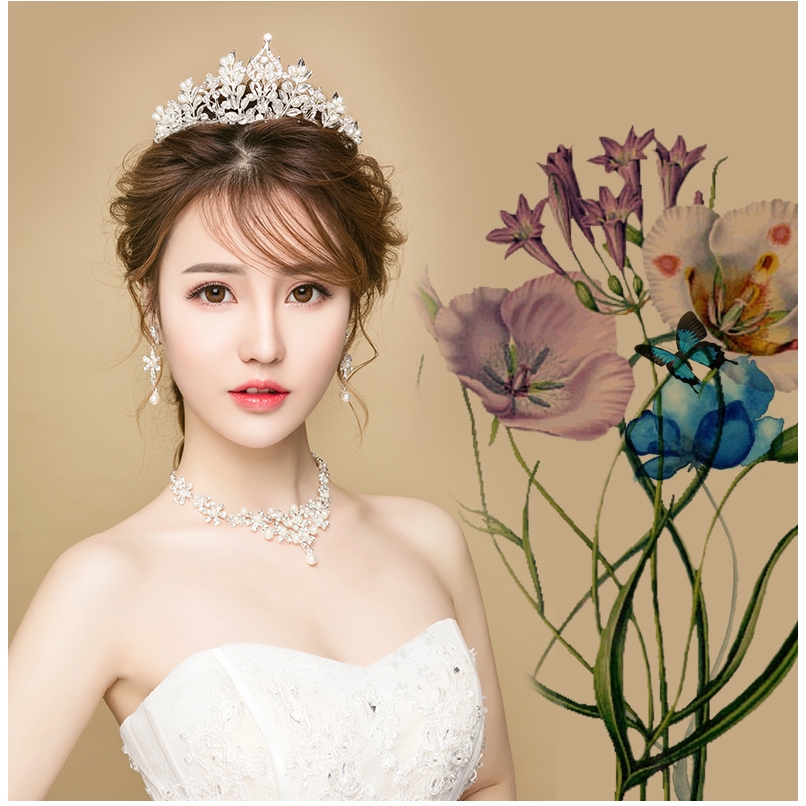 Bộ trang sức gồm vòng cổ + khuyên tai + vương miện thời trang cho cô dâu
