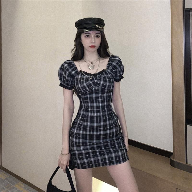 IELGY Đầm Dáng Chữ A Tay Phồng Họa Tiết Kẻ Sọc Phong Cách Hepburn Cổ Điển Thời Trang Mùa Hè Hàn Quốc Dành Cho Bạn Nữ