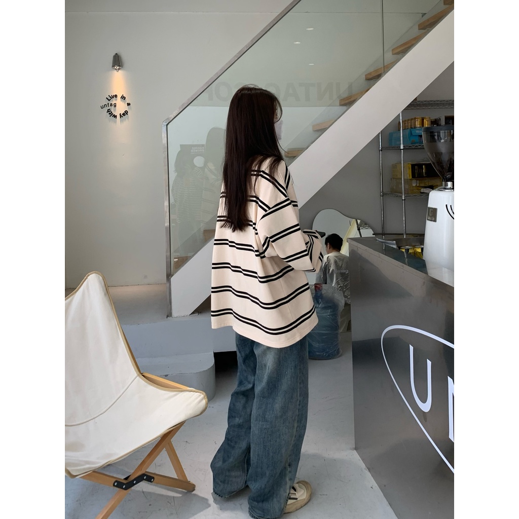 Áo Thun Nữ Tay Dài Cổ Tròn Sọc Ngang Thời Trang