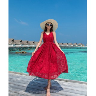 [HÀNG SẴN] Đầm maxi Farah 2 dây đỏ mận phối ren hở lưng quyến rũ
