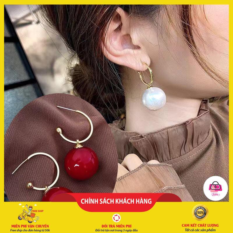 Bông Tai Hạt To, Trắng Đỏ, Phong Cách Hàn Cực Đẹp