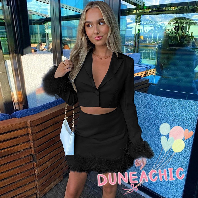 DUNEA Set đồ gồm áo dài tay dáng ngắn và chân váy ôm thời trang thanh lịch cho nữ