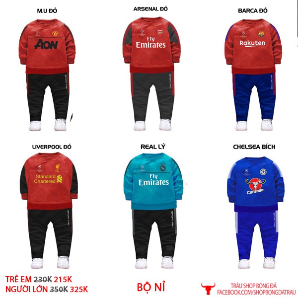 Bộ nỉ TRẺ EM - mẫu 2 - các câu lạc bộ bóng đá Manchester, Arsenal, Chelsea, Barca, Real, Liverpool - Trâu shop