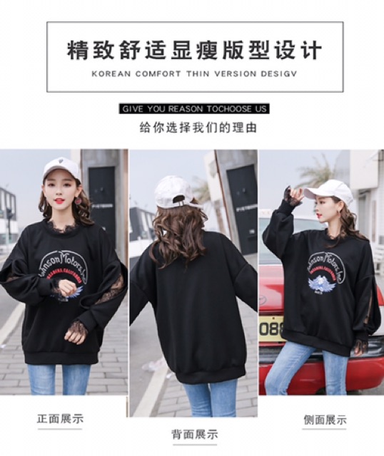 Áo hoodie đen tay cut out phối ren không nón hot trend 2020 hàng QC cao cấp