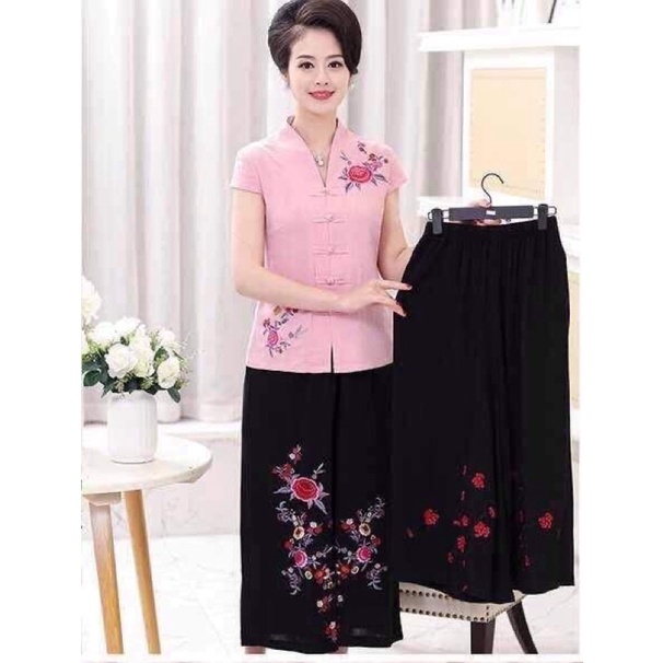 Bộ quần áo lanh đũi thêu hoa quần dài, cho người già cao tuổi và trung niên, sang trọng cho bà và mẹ