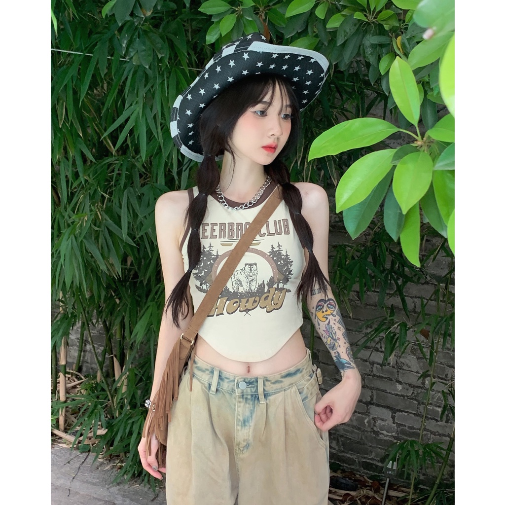 Cocory vn Áo Croptop Không Tay In Họa Tiết Vintage Quyến Rũ Dành Cho Nữ