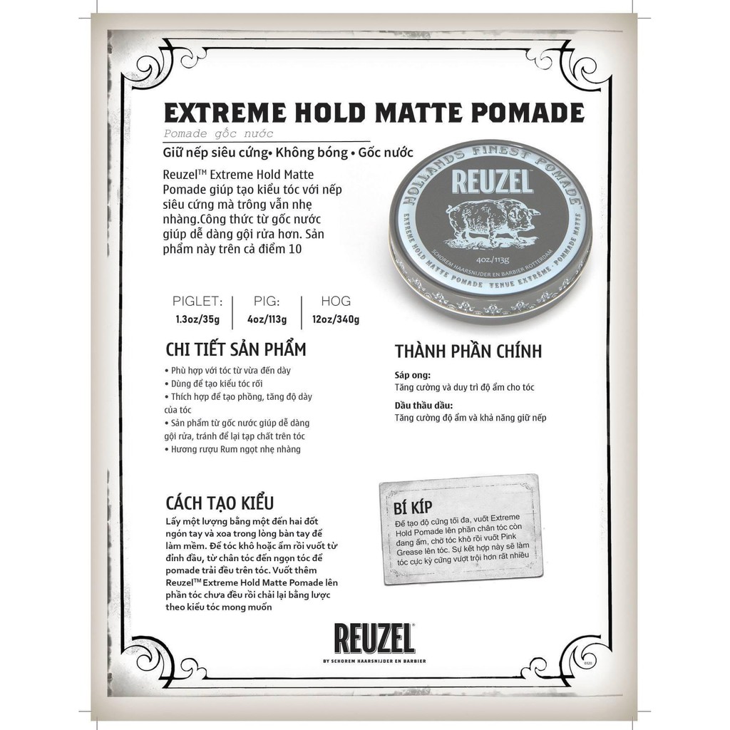 Sáp Vuốt Tóc Reuzel Extreme Hold Matte Pomade Chính Hãng - Pomade Heo Xám