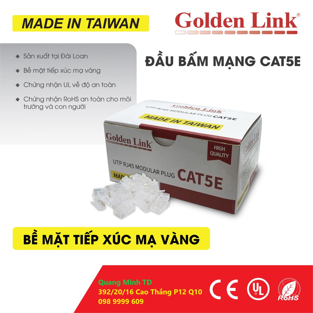 Đầu bấm Mạng UTP Cat5E hộp 100 cái hiệu Golden Link Taiwan