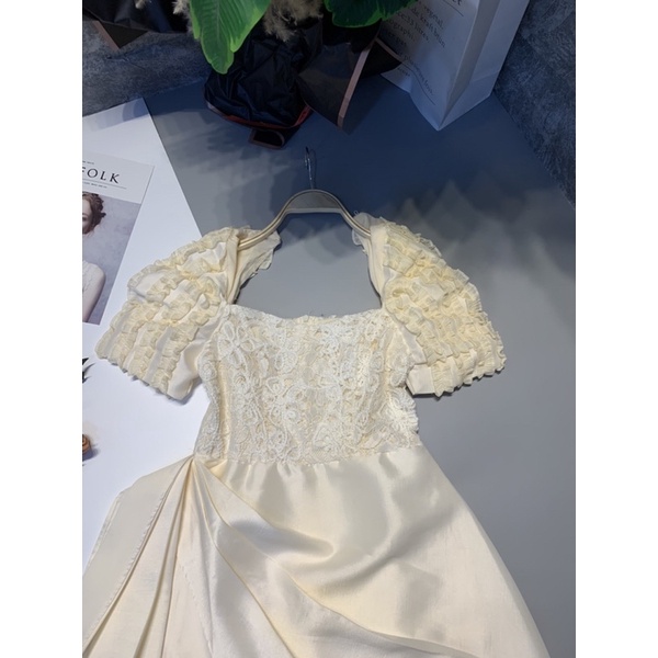 Váy cổ U ren hoa phối váy tacta tà eo siêu hót