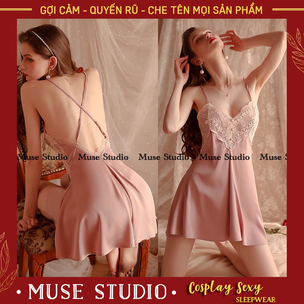 váy ngủ sexy, đầm ngủ hai dây sexy ngực phối voan ren nổi vải satin cao cấp siêu gợi cảm - MUSE STUDIO MS006