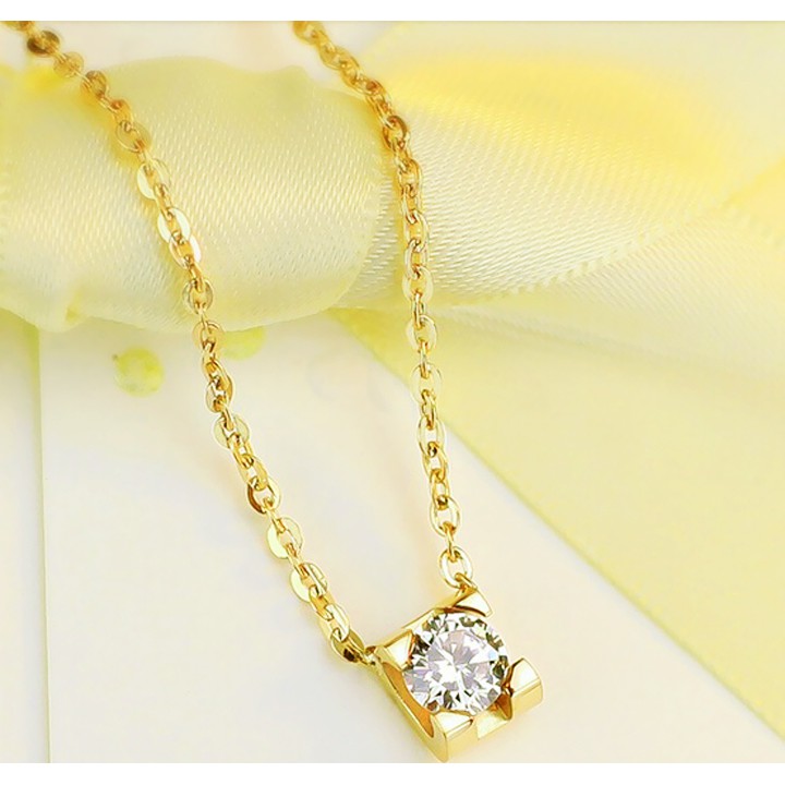 Combo Dây chuyền Và bông tai hột xoàn bảng vuông màu vàng siêu đẹp, bền màu -Tặng hộp đựng xinh xắn