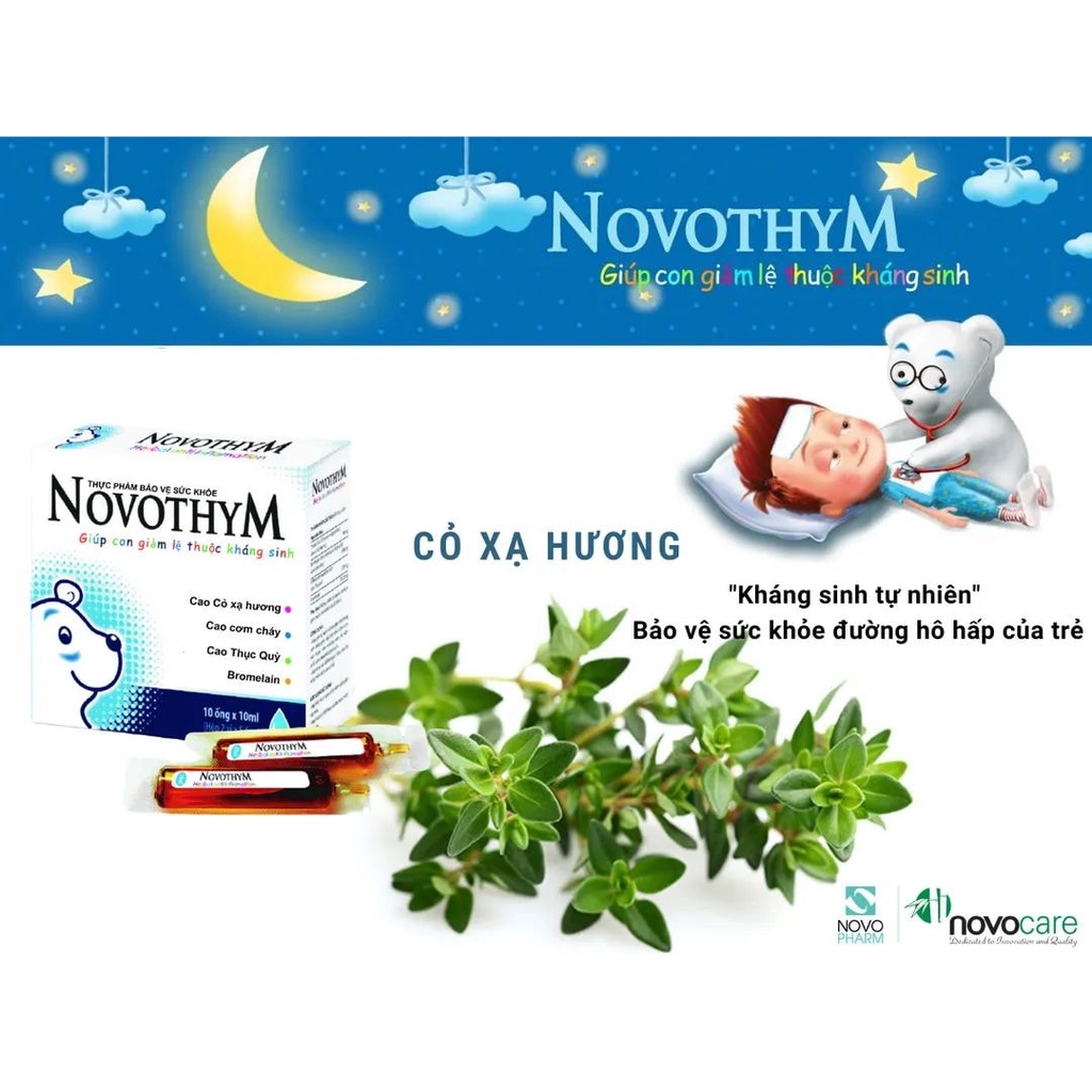 Novothym tăng sức đề kháng giúp dự phòng viêm đường hô hấp trên long đờm giảm ho giảm đau rát họng Hộp 10 ống