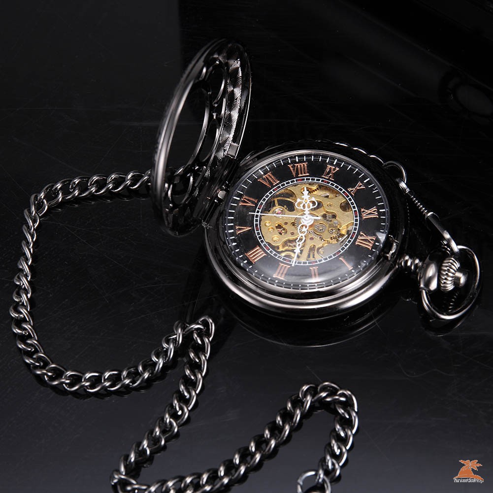 #Đồng hồ bỏ túi# Men Women Quartz Pocket Watch Black Hollow Petal Carved Case with Chain