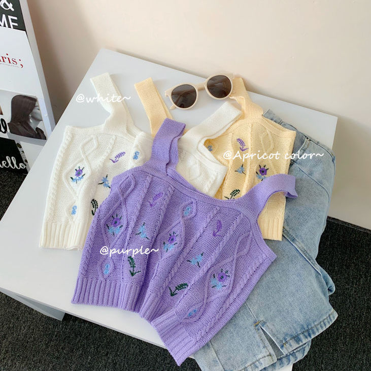 Áo Dệt Kim Hai Dây Dáng Ôm Thêu Họa Tiết Thời Trang Mùa Hè Hàn Quốc 2020 Cho Nữ