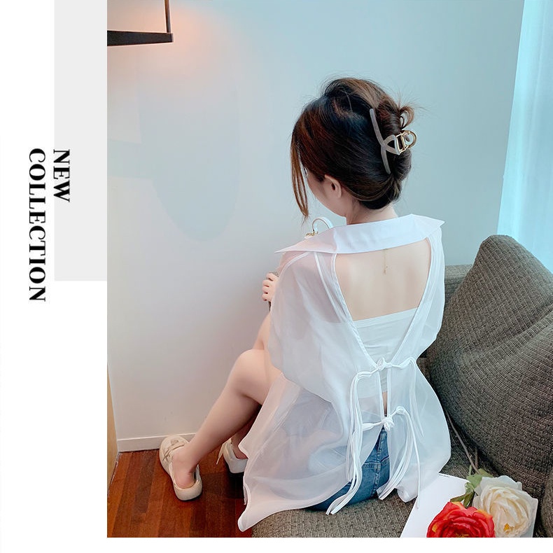 Áo Khoác cardigan chiffon Mỏng Hở Lưng Phối Nút Đĩa Thời Trang Mùa Hè Cho Nữ