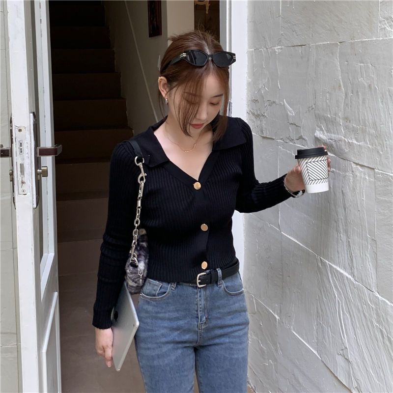 Áo Dệt Kim Tay Dài Cổ Chữ V Thời Trang Mùa Thu Cho Nữ