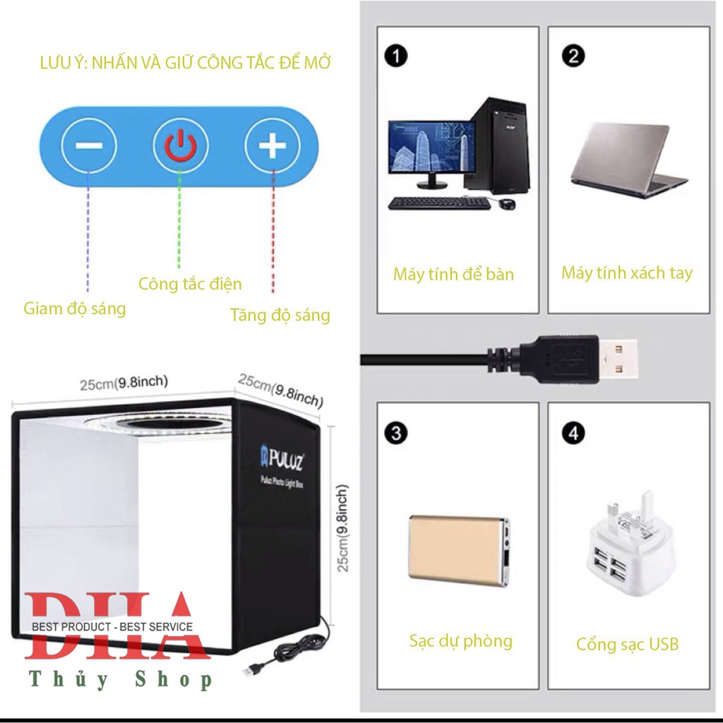 HỘP CHỤP ẢNH SẢN PHẨM PULUZ CHÍNH HÃNG TÍCH HỢP ĐÈN LED SIÊU SÁNG KÍCH CỠ  25x25x25