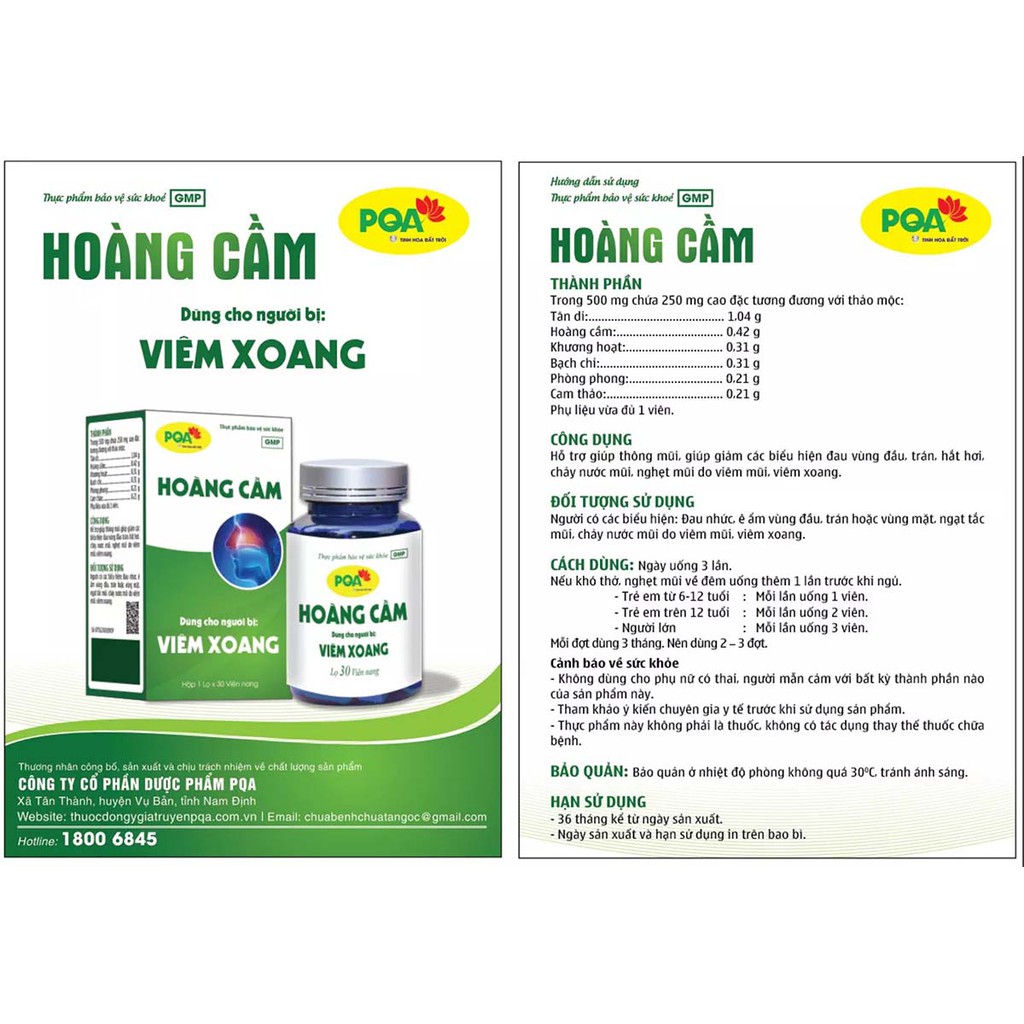 PQA HOÀNG CẦM VIÊN NANG thông mũi, giảm đau vùng đầu, trán, hắt hơi, chảy nước mũi, nghẹt mũi do viêm mũi, viêm xoang