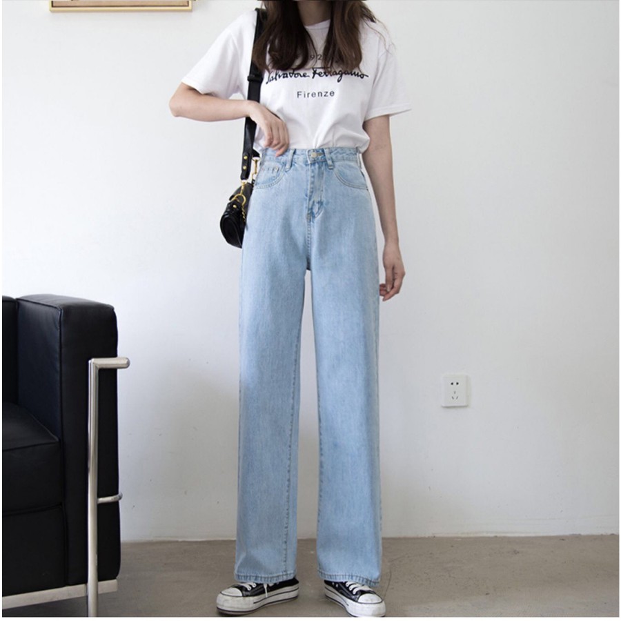 Quần jeans ống rộng cạp cao 2 túi mặt trước Ulzzang HeyBig,quần bò nữ ống rộng lưng cao vải jean dày đẹp,dáng suông-T12