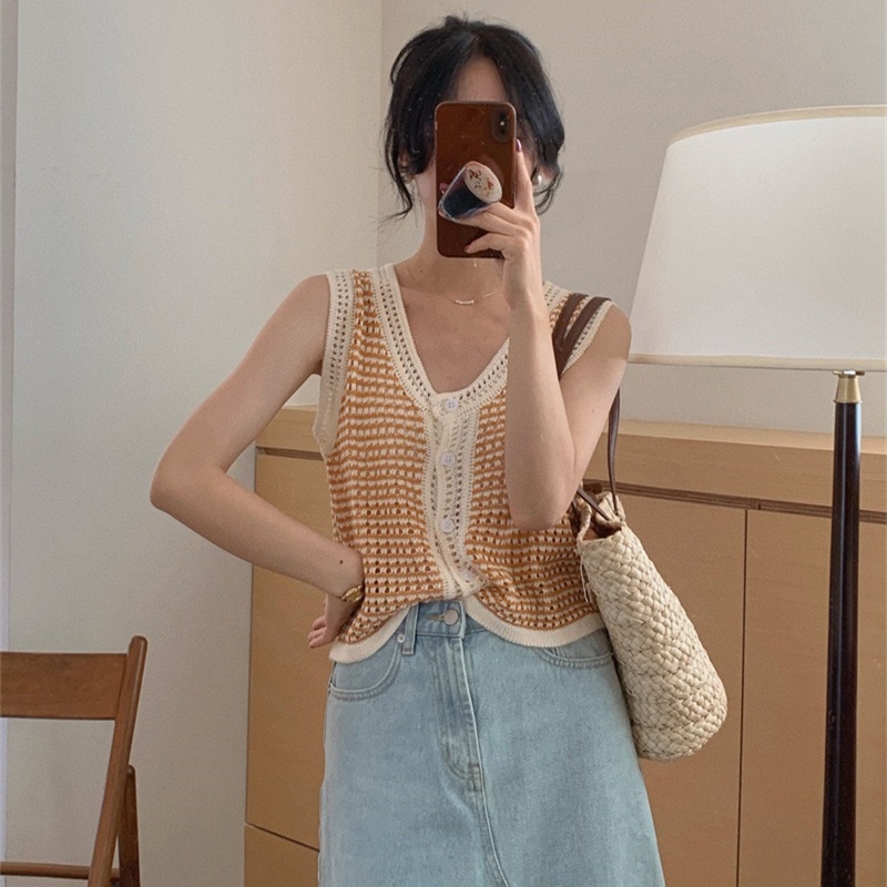 Áo kiểu XIAOZHAINV sát nách cổ chữ V dệt kim 4 màu sắc tùy chọn phong cách Hàn Quốc retro dành cho nữ