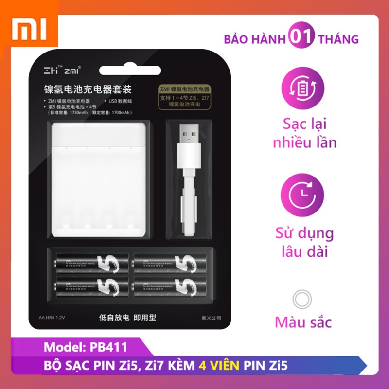 Bộ sạc pin AA/AAA chính hãng Xiaomi PB401 và Pin sạc AA Xiaomi Zi5 Dung lượng 1700mah, pin tiểu sạc cao cấp