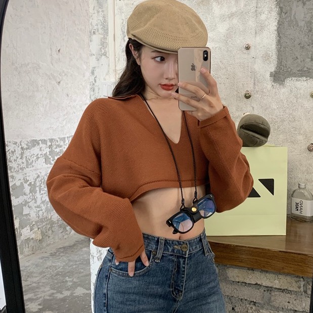 QADCOL Áo thun polo dáng rộng cổ xẻ chữ V phong cách retro Hàn Quốc