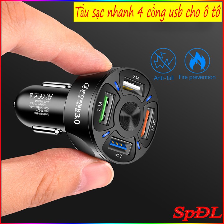 Tẩu sạc nhanh cho ô tô, sạc cùng lúc 4 thiết bị( 1 cổng sạc nhanh chuẩn Qc 3.0, 3 cổng usb), hàng chất lượng cao