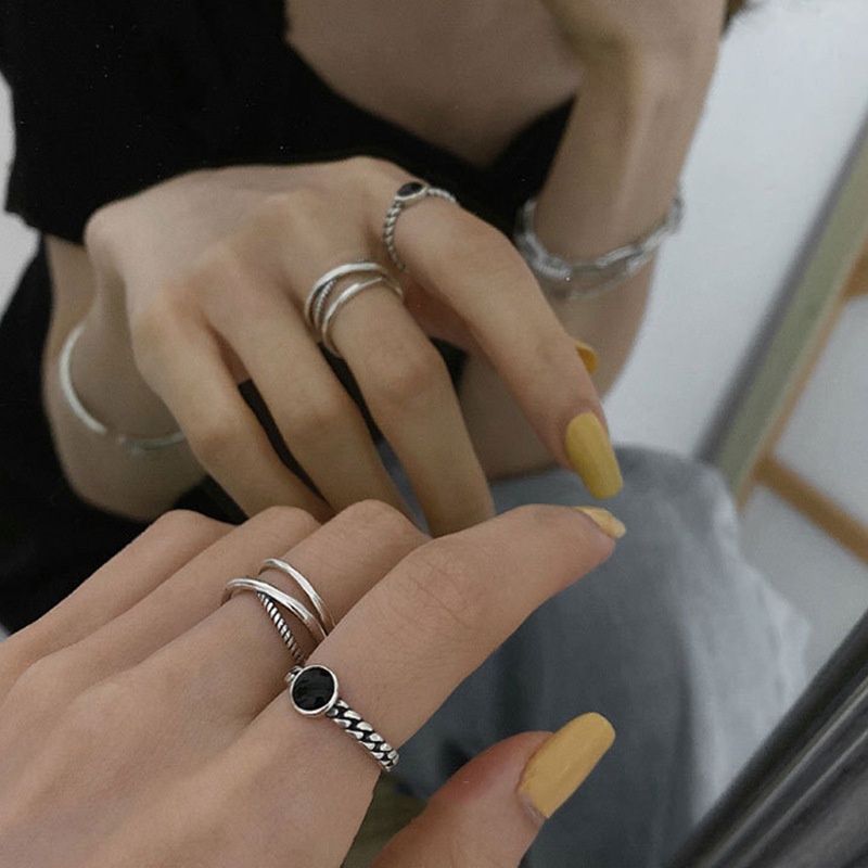 Nhẫn Đính Đá Đen / Bạc Phong Cách Cổ Điển Thời Trang Có Thể Điều Chỉnh Sáng Tạo Dành Cho Nữ