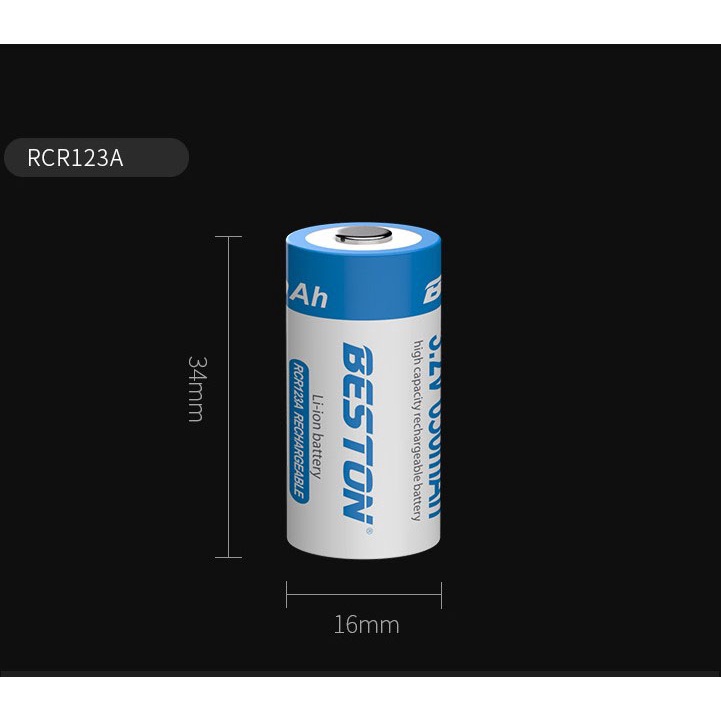 Vỉ 02 Pin Sạc RCR123A (16340) Beston 650mAh dùng cho máy ảnh, máy đo khoảng cách, gậy chơi gold, ống nhòm