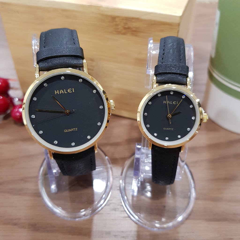 Đồng hồ cặp đôi nam nữ Halei mặt đá dây da đen chính hãng Tony Watch 68 | BigBuy360 - bigbuy360.vn